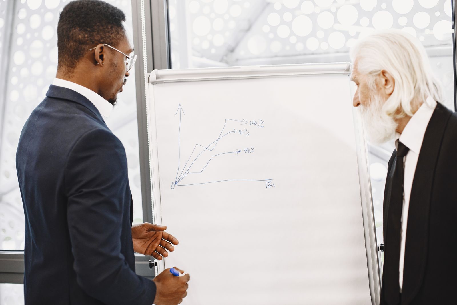 Zwei Geschäftsleute besprechen Finanzdiagramme bei einem Bürotermin